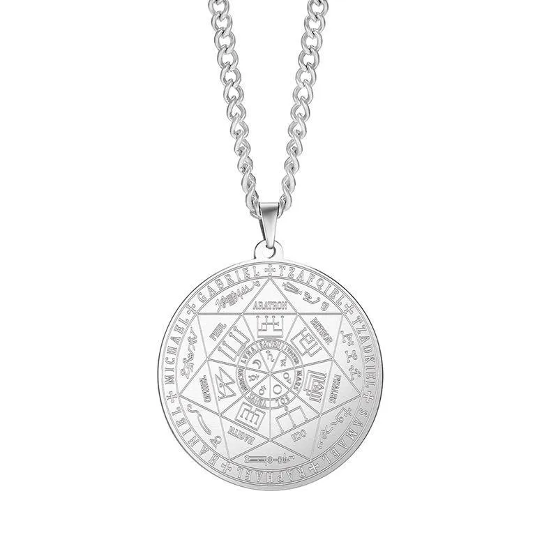 Pendant Necklaces Scripture Angel Tag Rune Six Pointed Star Stainless Steel Round Necklace