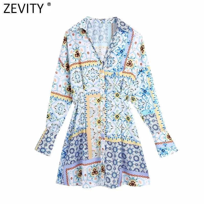 Zevity Women Vintage V Neckduk Patchwork Print Mini Shirt Klänning Kvinna Chic Breasted Elastisk Midja Retro Vestidos DS8398 210603