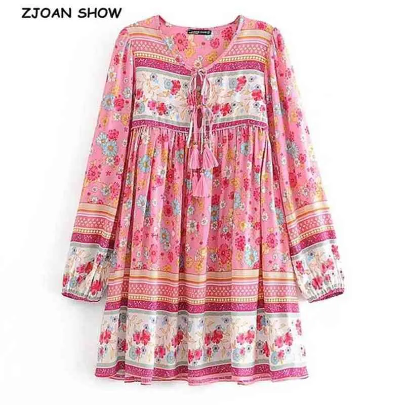 BOHO Tassel Lacing up V neck Location Flower Print Short Dress Pink Ethnic Woman Strappy Long Sleeve Holiday Dresses Beach 210429