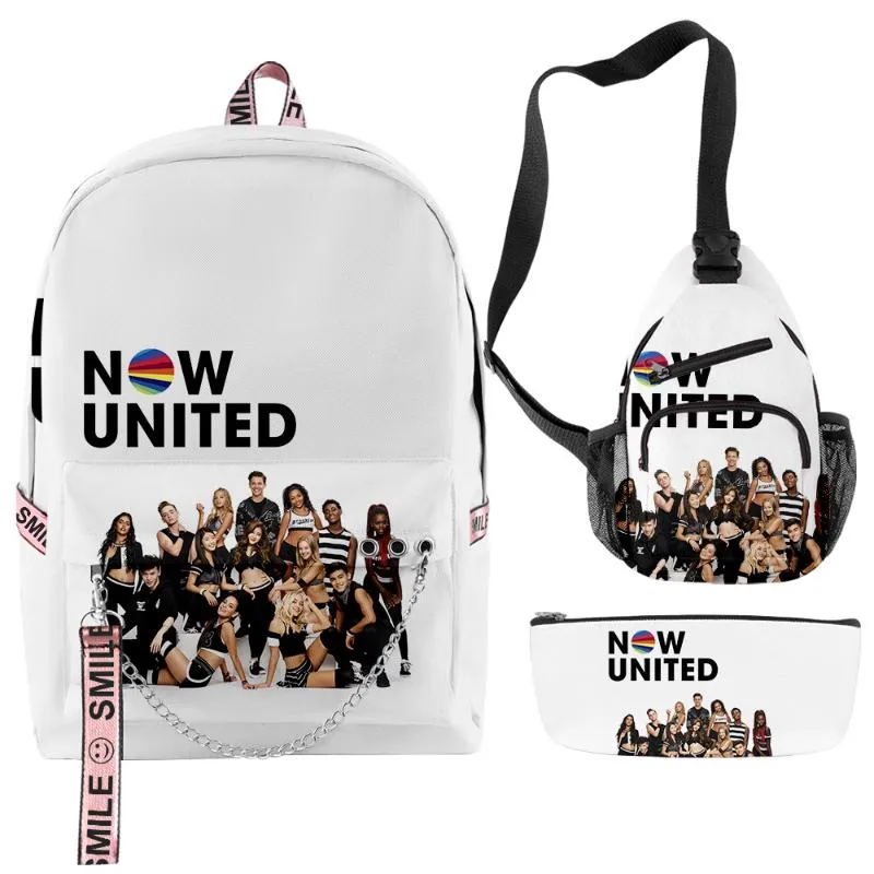 Sac à dos Now United, ensemble d'école d'impression 3d, 3 pièces, sacs à dos de mode pour garçons et filles, sac à bandoulière de voyage, trousse à crayons pour enfants