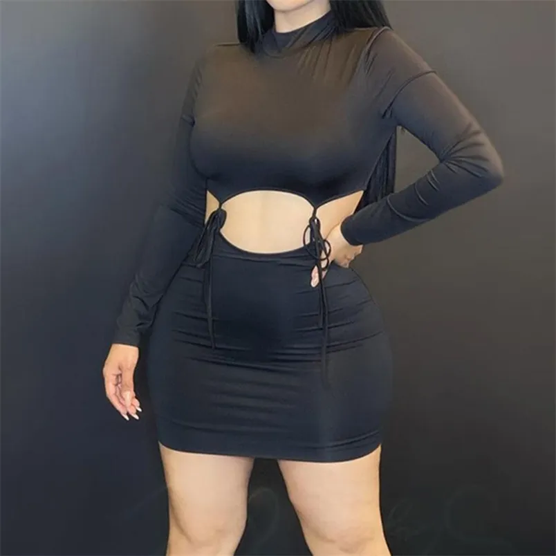 Sexy Club Solid Mini Skirt Matching Set Long Sleeve Crop Top + Bandage Lace Up Bodycon 2 pieces Suits Lady Fashion Outfits 210517