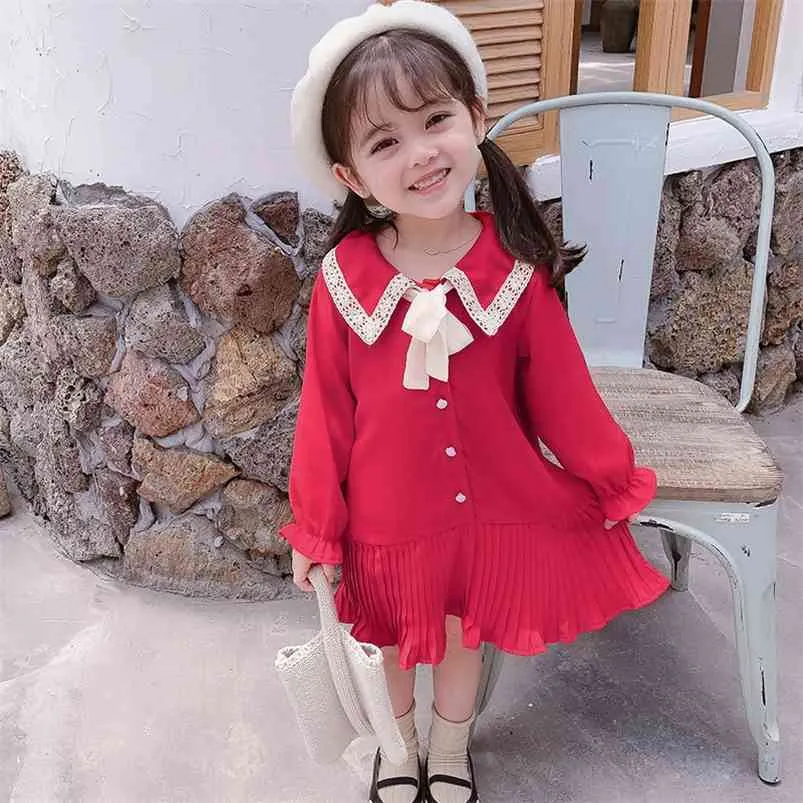 Vestito da ragazza primaverile a maniche lunghe pieghettato coreano per bambini da principessa per bambini Abbigliamento per bambine 210625