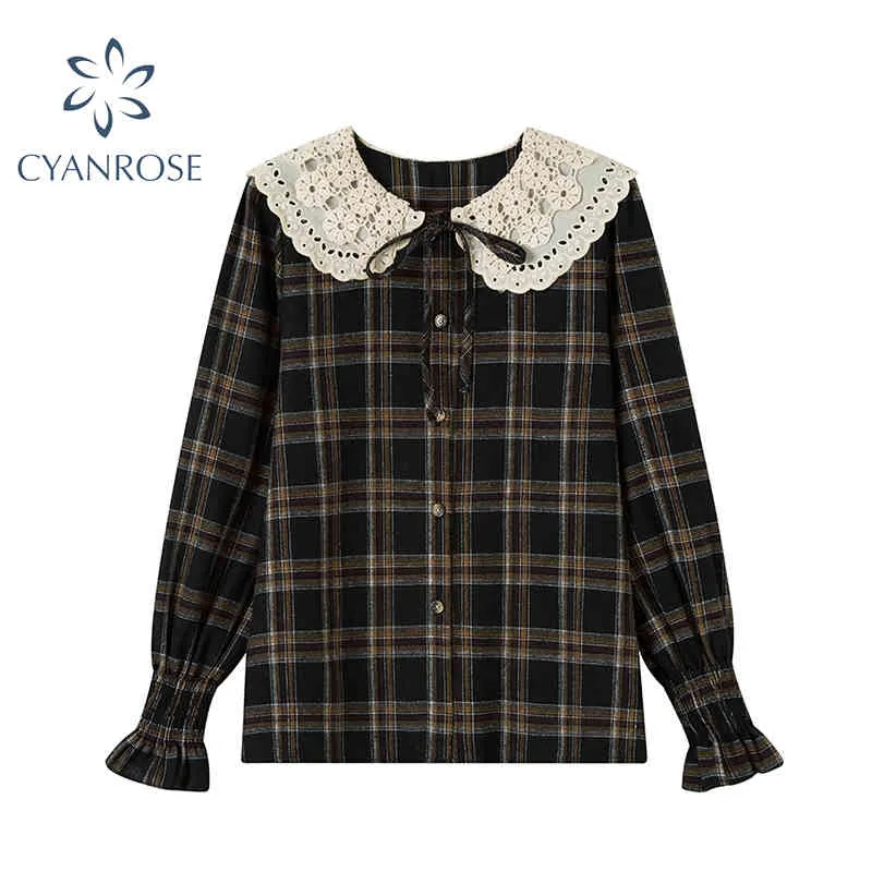 Camicie Donna Plaid Autunno Manica lunga Moda Camicette casual Colletto alla Peter Pan Arco coreano Elegante Vintage Donna Blusa Top 210417