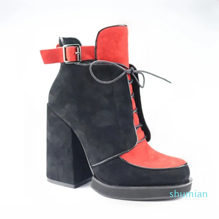 Nya Kvinnor Tjock Heel Boots Patchwork Kid-Suede Dress Winter Boots Shoelace Buckles Deco Fashion Evening Ankel Boots