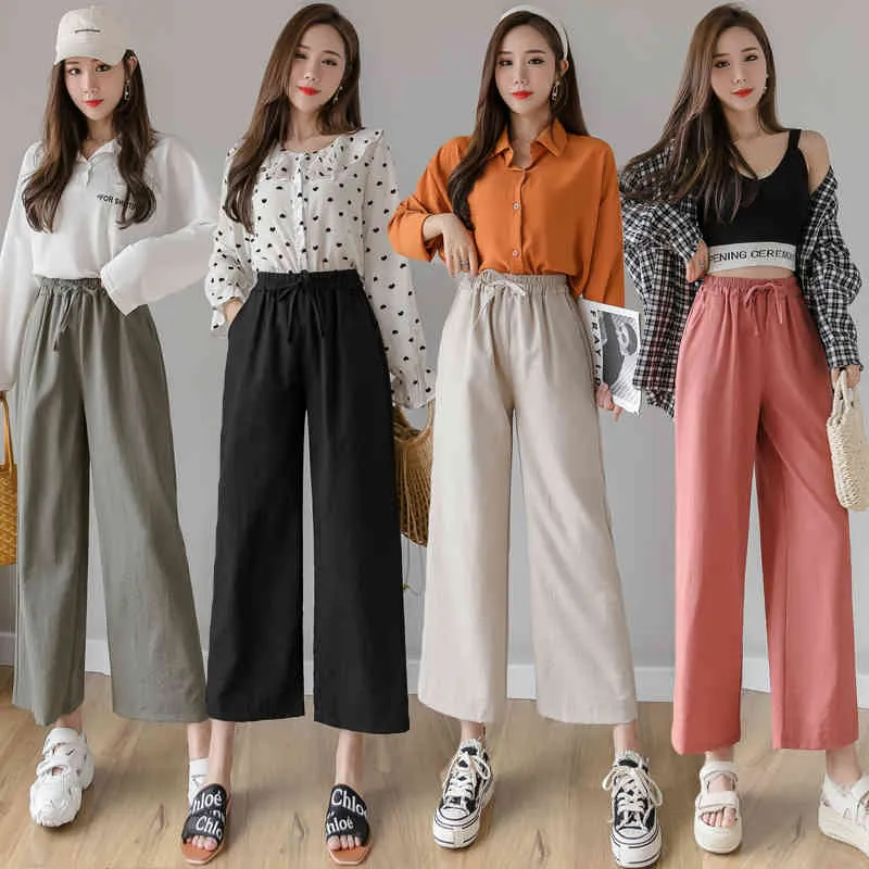 Mulheres largo perna calça primavera verão moda feminina casual algodão e linha s cintura elástica sólida calças soltas 210423