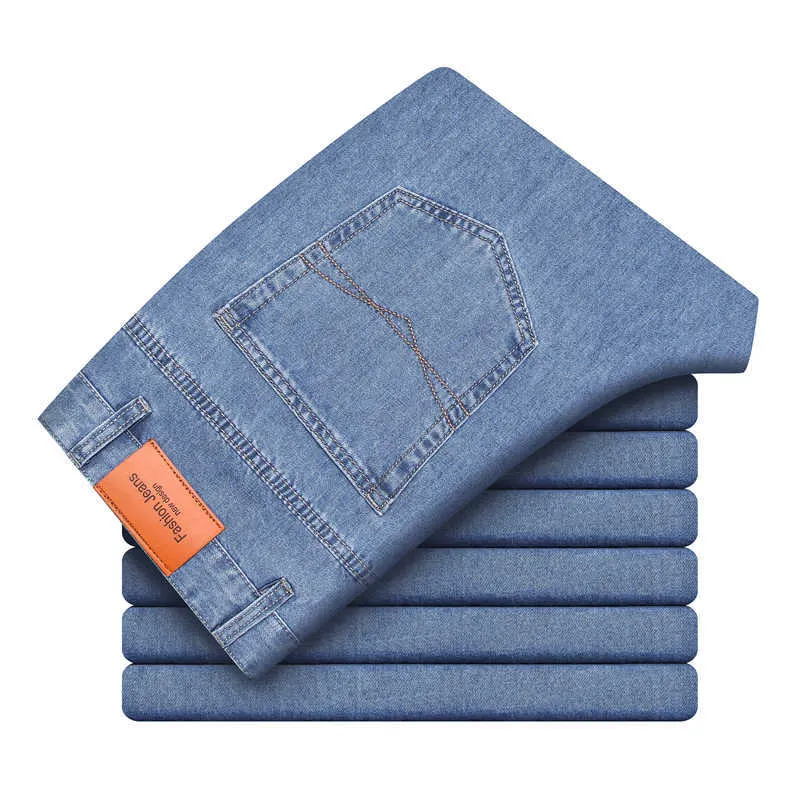 Lente en zomer klassieke stijl lichtgewicht recht-been jeans 100% katoen zakelijke casual mannen hoogbouw dunne denim jeans 210531