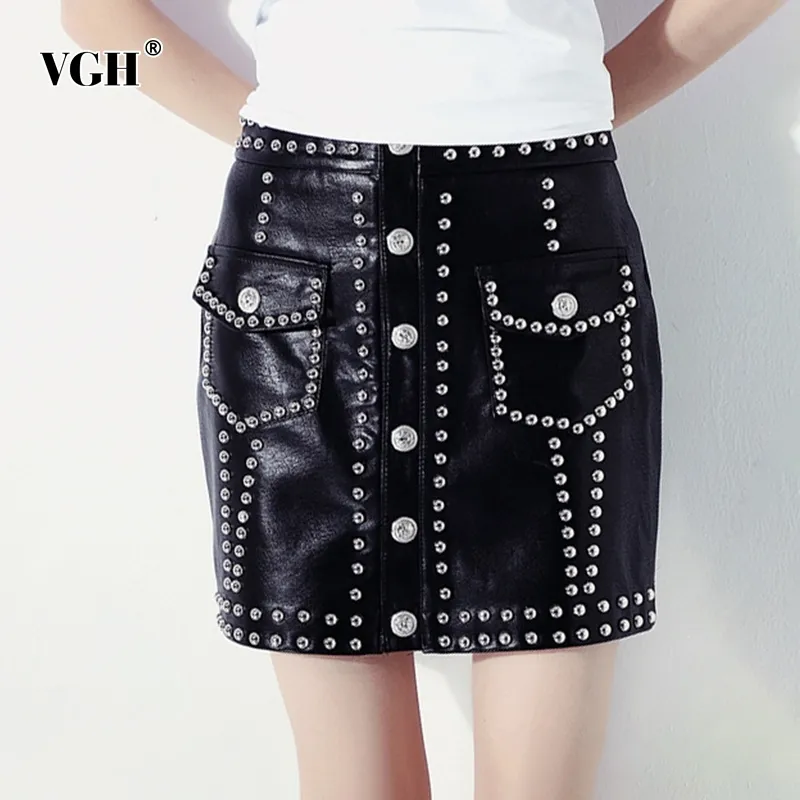 PU Leather Patchwork Rivet Pocket High-Waisted Mini Black Skirt