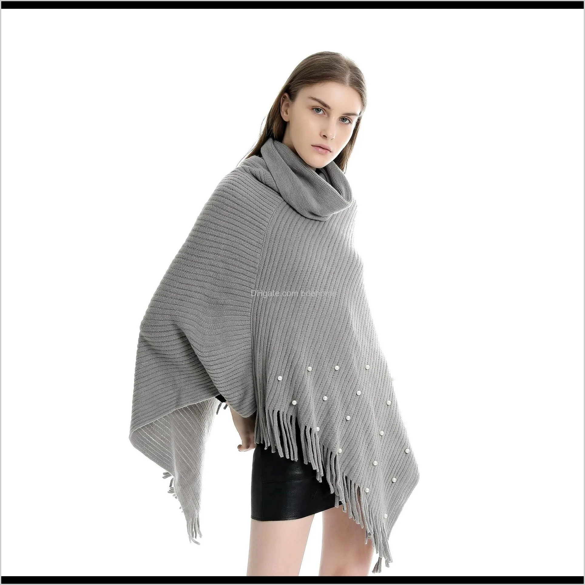 women pearl tassel turtleneck pullovers shawl scarf cashmere warm high collar solid color big cape blanket wraps female