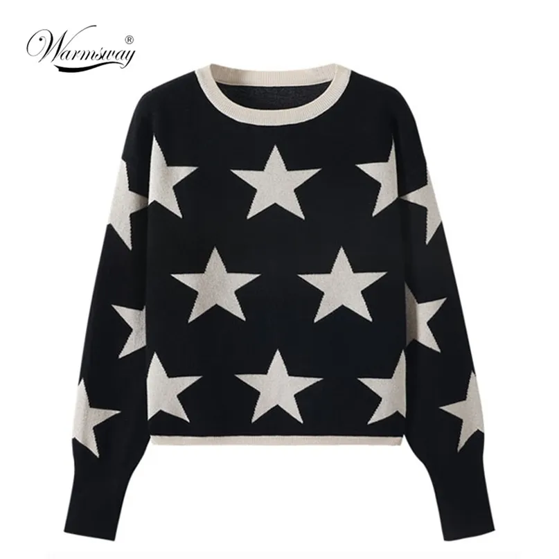 Jakość Jesień Zima Sweter damski O-Neck Star Pullover Knitting Swetry Z Długim rękawem z Split Casual Jumper C-288 211011