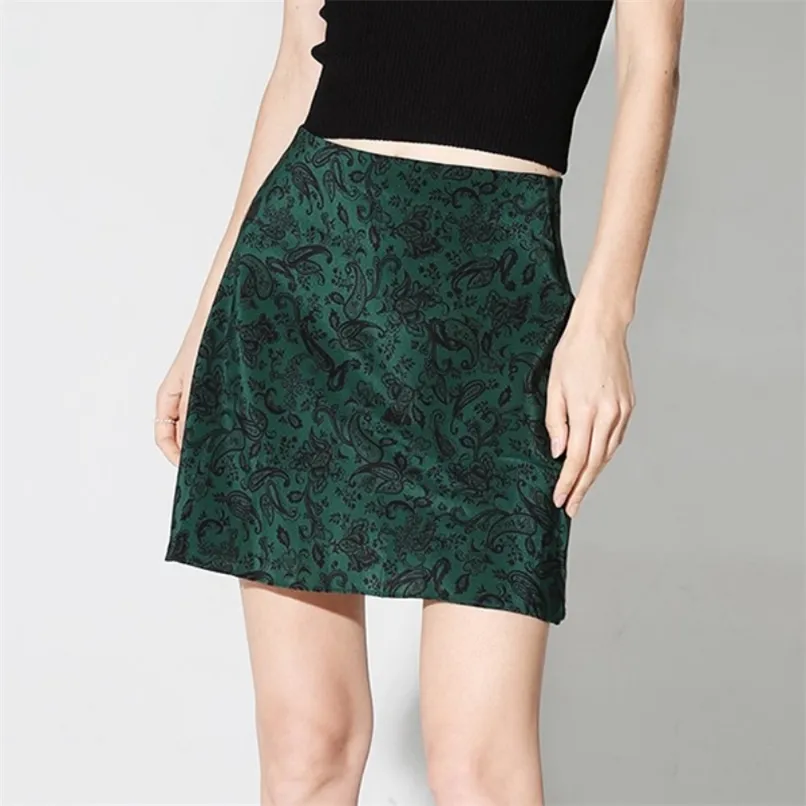 Vintage Women Floral Print Mini Skirt Slip S High Waist In Dark Green 210529