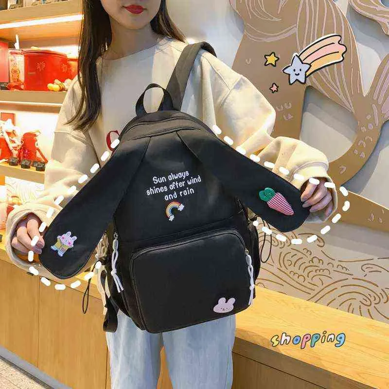 Yeni Kawaii Uzun Tavşan Kulak Sırt Çantası Kız Bayan Karikatür Anmie Bunny Kulak Bagpack Kadınlar Genç Schoolbag Koleji Bookbag Mochila Y1105