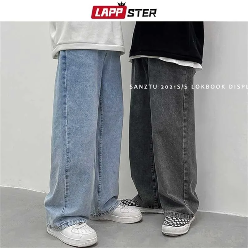 LAPPSTER Männer Koreanische Streetwear Breite Beine Baggy Jeans Herren Herbst Harajuku Vintage Blau Denim Hosen Männliche Casual Cargo Hosen 211120