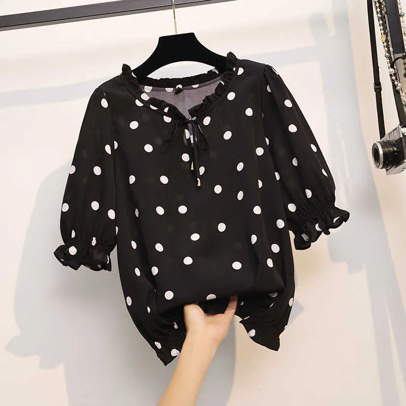 Plus Size Vintage Turn-Down-Kragen Frauen Bluse Shirts Frühling Sommer verdicken weibliche Bluse Tops Arbeitskleidung Dot Black Shirts 210604