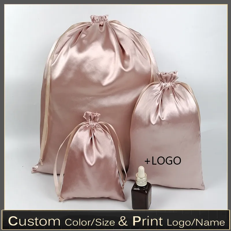 Custom Rose Gold Silk Satin Drawstring Bags For Makeup Pink Shoes