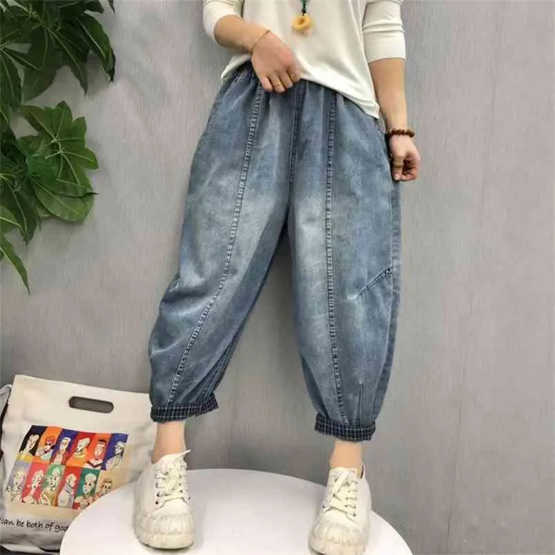 Spring Arts Style Women Elastic Waist Loose Vintage Blue Jeans All-matched Casual Cotton Denim Harem Pants Big Size V290 210512