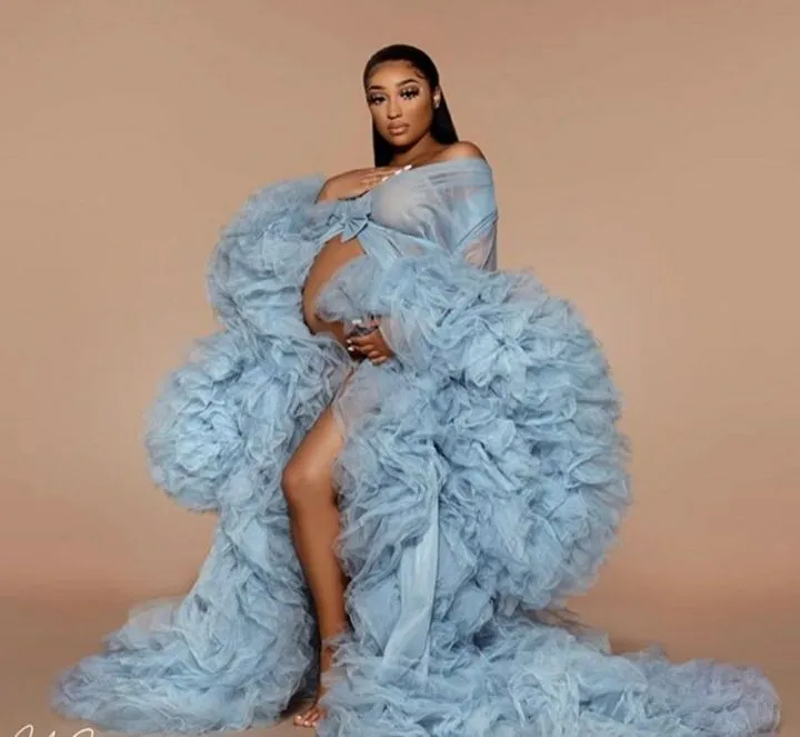 blue choir dresses Royal Blue Ruffled Maternity Gown Maternity Gown for Photo Shoot and Baby Showers S main image 0