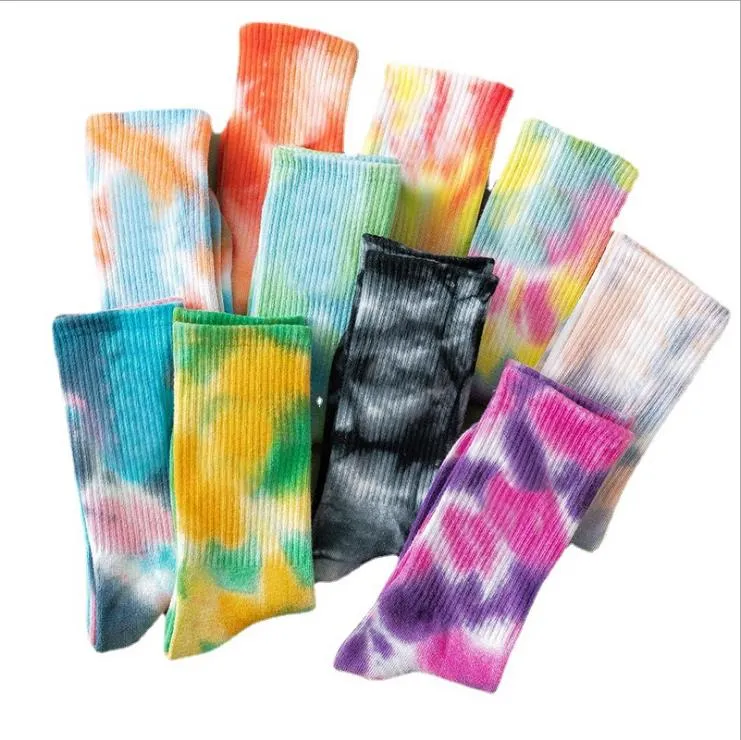 Bomull Skate Socks Tie Dye Män Kvinnor Sock Big Kids Hiphop Sport Mellanrör Strumpor Färgrik Skor 10 Design DW6102