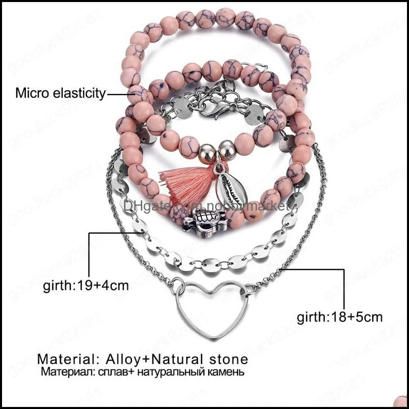 Retro Bohemian Pink Turtle Heart Bracelet Set Trend Female Bracelet Geometric Beads Shell Pendant Bracelet Jewelry