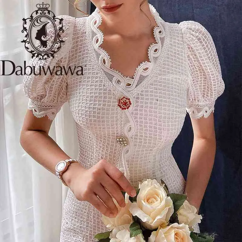 Dabuwawa Ekskluzywna elegancka biała letnia sukienka damska rękaw puffowy pojedynczy breaded v-neck streetwear sukienka dam1bdr060 210520