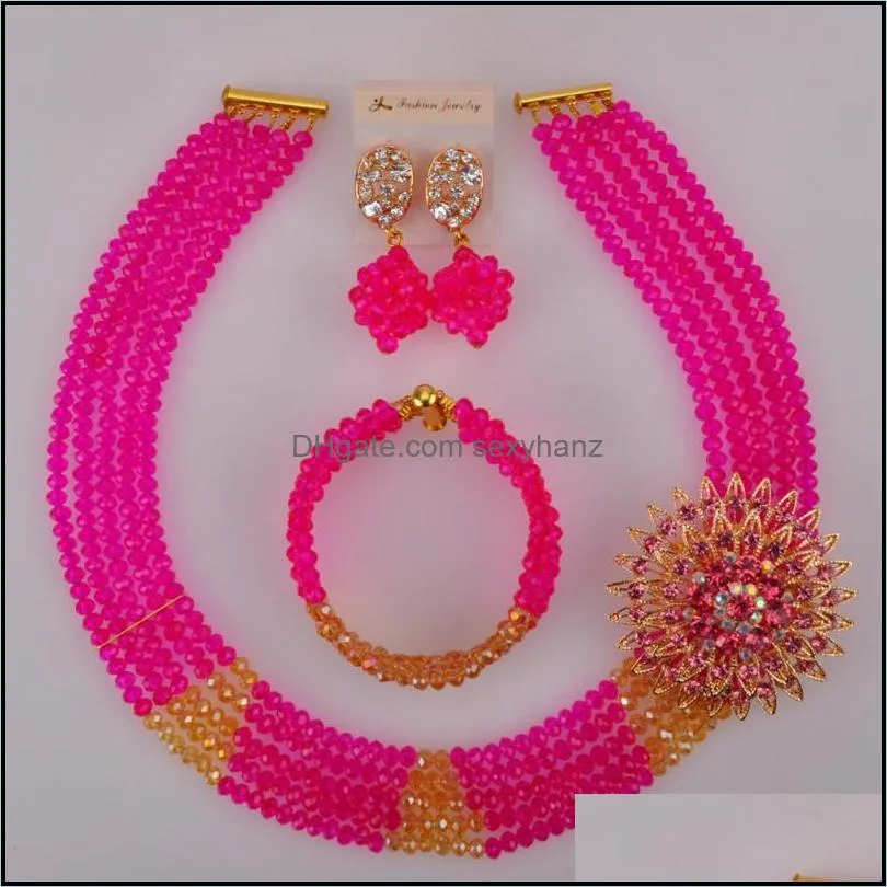 Earrings & Necklace Fuchsia Pink Gold AB African Beads Jewelry Set Costume Crystal Party Sets 3JK05