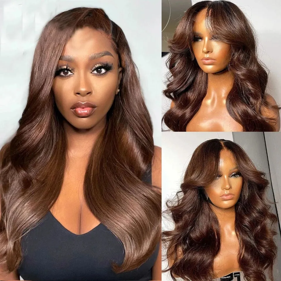 Chocolate Brown Wavy 360 Lace Frotnal Human Hair Wig com pêlos de cabelo transestronte a linha -linha presa