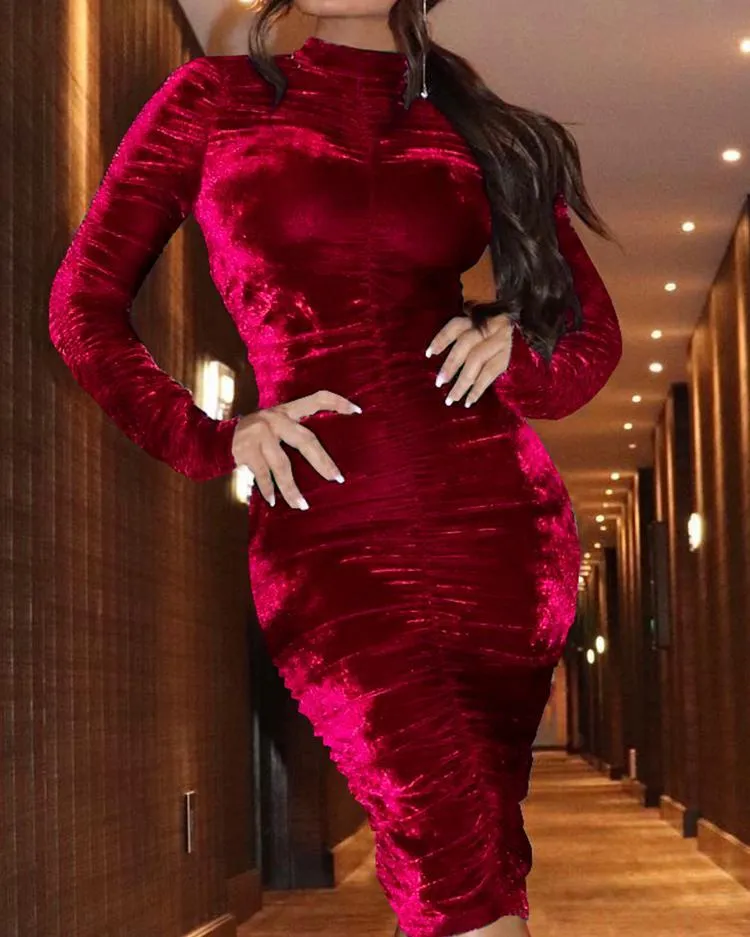 Women Spring Velvet Mock Neck Ruched Bodycon Mid-Calf Dress with Short  Lantern Sleeves from Dhgate Basic & Casual Dresses - price 52.4