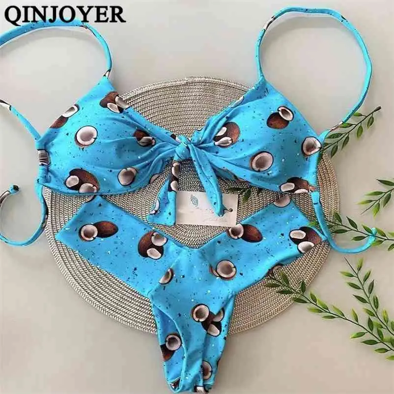 QINJOYER Sexy Bikini azul Tanga traje de baño mujer brasileño traje de baño sin espalda traje de baño estampado de coco conjunto 210621