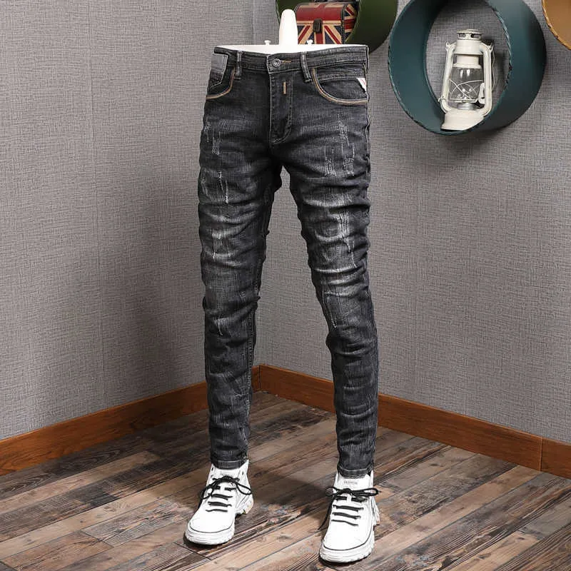 イタリアのファッション男性ジーンズレトロな黒灰色の弾性スリムフィットリッピングデニムズボン高品質ストリートウェアビンテージデザイナーパンツ