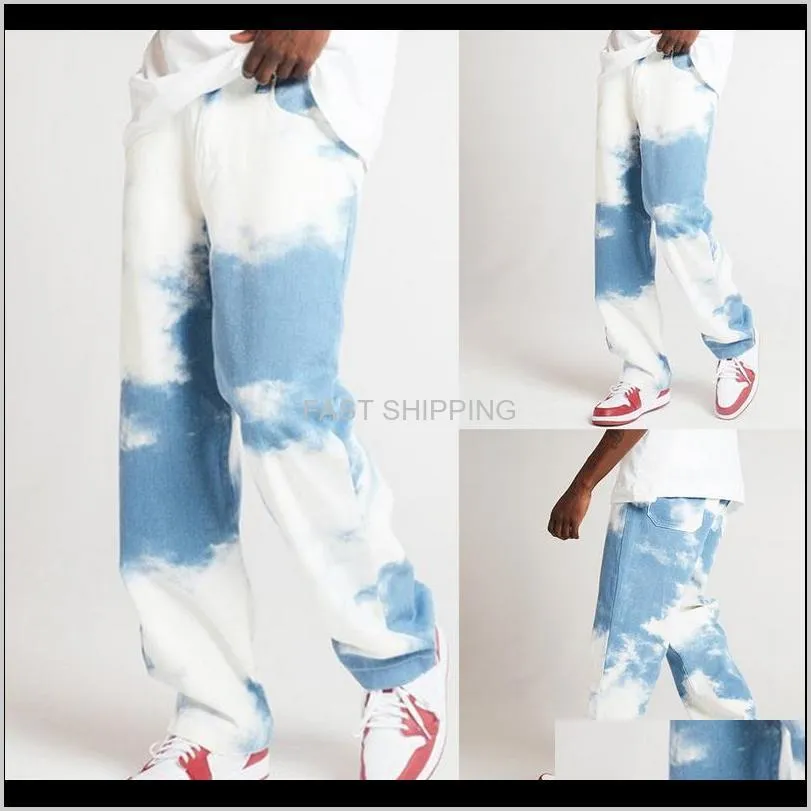 Heren jeans herfst casual losse denim broek tie dye print hemel blauwe lange broek mannelijke hiphop streetwear broek to28x gj8od