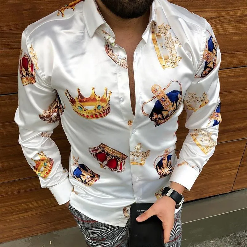 Camisas sociais masculinas Luxo Coroa Estampada Camisa Masculina 2021 Outono Manga Longa Slim Casual Streetwear Roupas de Festa Social Camisa Masculina