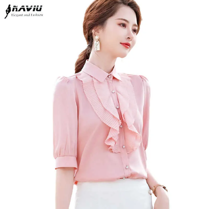 Ruches Chiffon Vrouwen Half Mouw Lente Mode All-match Temperament Blouses Office Dames Formele Werk Tops 210604