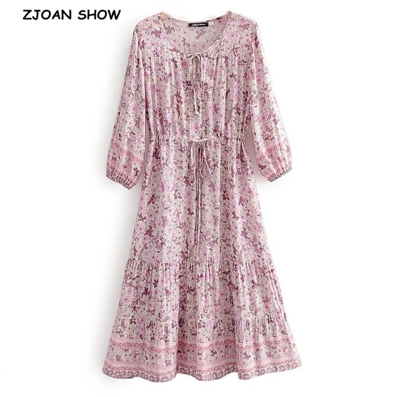 Boho Floral Print 3/4 Ärm Justera midja Klänning Lacing Up O Neck Holiday Women Drawstring Lång Klänningar Etniska Vestidos 210429