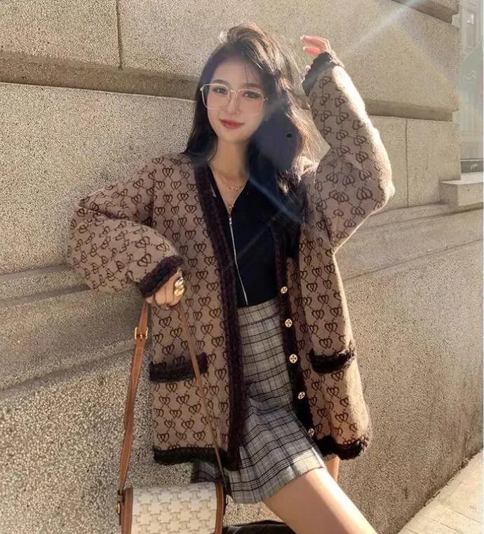 casual Sweater Coat, sweater, cardigan, new loose, Jin Zhixiu, autumn women`s LOGO, camel color, V-neck, mid-length knit