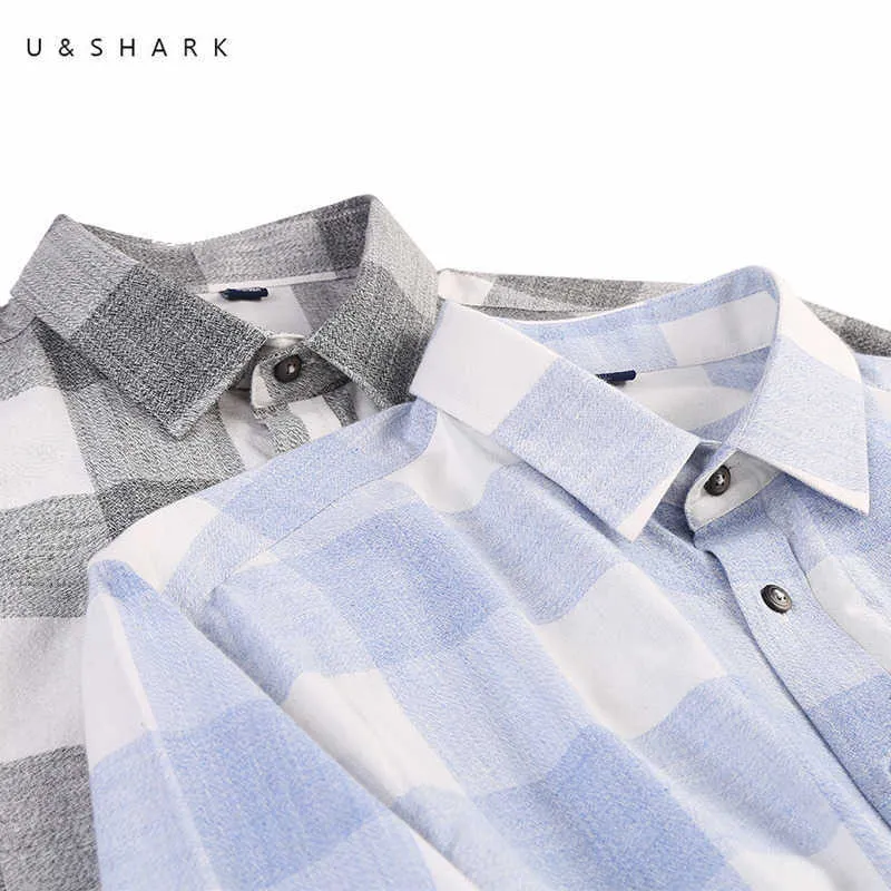 Ushark xadrez camisas para homens camisas quadriculadas camisas casuais roupas camisa camisa de manga longa botão de mola para cima coleira de algodão azul cinza 210603
