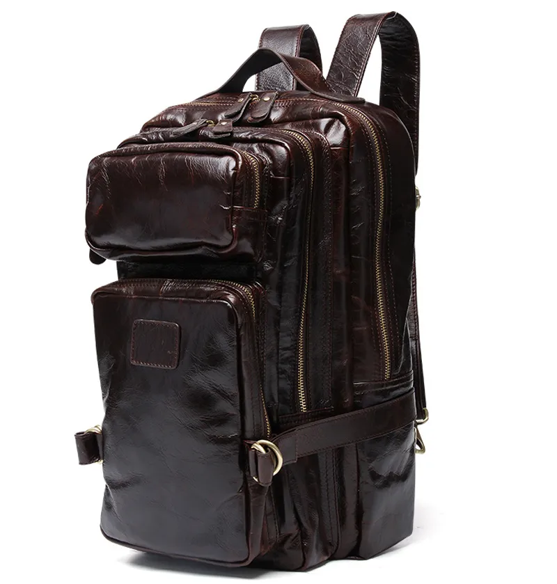 High Class Oil Waxed Genuine Leather Men Backpack Leather Travel Backpack men male Mountaineering Brown