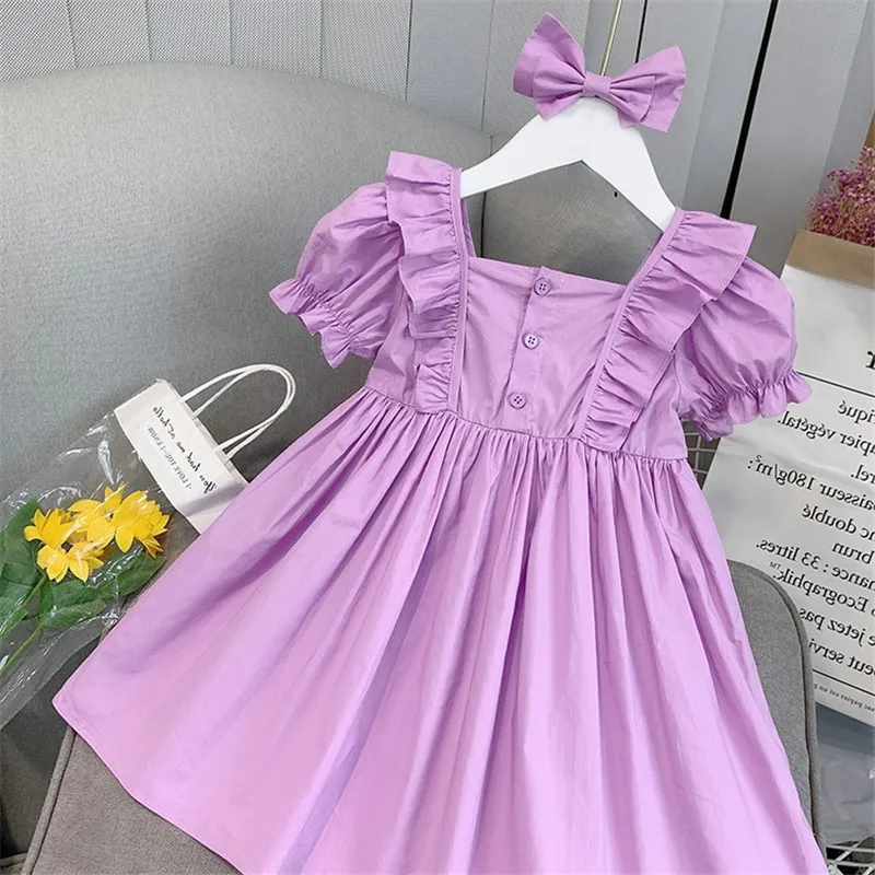 Été filles robe mode enfants vêtements manches bouffantes à volants princesse mignon violet enfants avec arc 210515