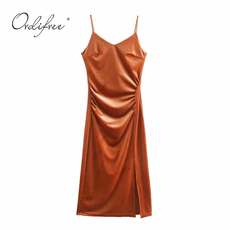 Summer Women Velvet Party Spaghetti Strap Vintage Sexy Split Długi Slip Dress 210415