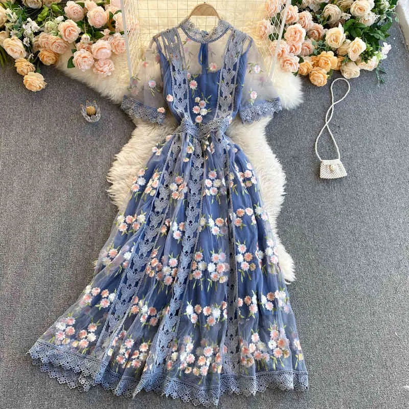 SINGREINY High Quality Mesh Embroidery Flower Dress Women O Neck Short Sleeve A-line Dress Summer Elegant Streetwear Midi Dress 210419