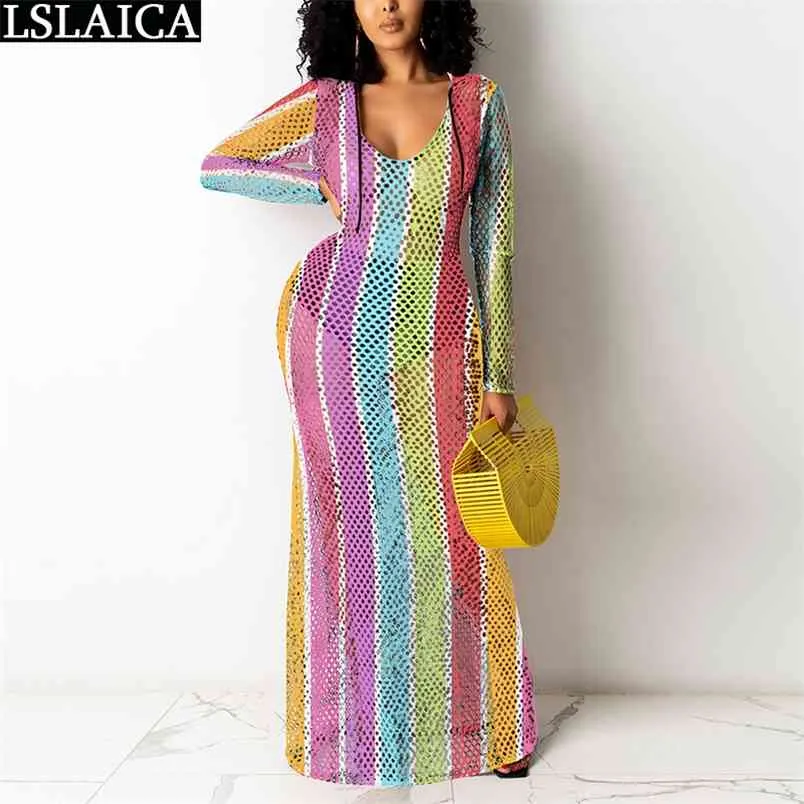 African Dresses for Women Long Sleeve Mesh See Through Rainbow Striped Casual Club Party Night Bodycon Dress 210515