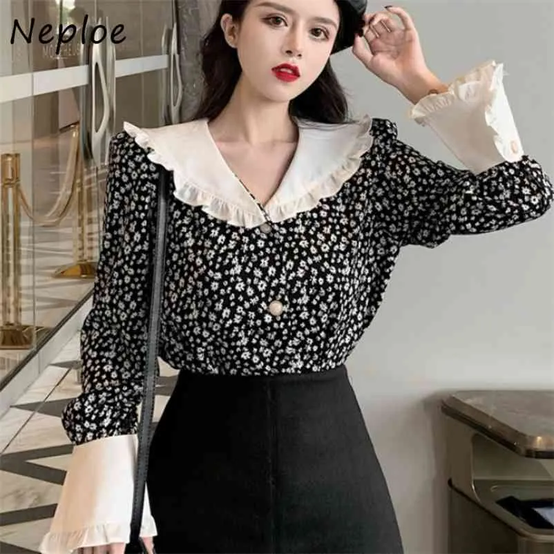 Vintage Flower Print Ruffles Women Blouse Chic Peter Pan Collar Panelled Patchwork Shirts Autumn Loose Blusas 210422