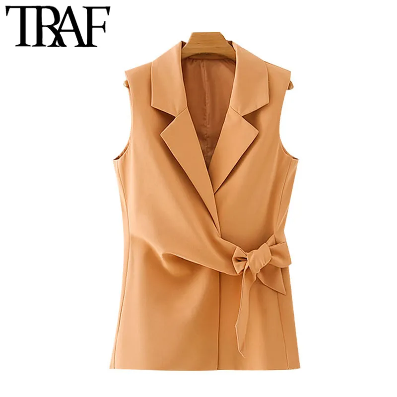 TRAF Women Fashion With Belt Office Wear Wrap Vest Coat Vintage Notched Collar Sleeveless Female Waistcoat Chic Tops 210415