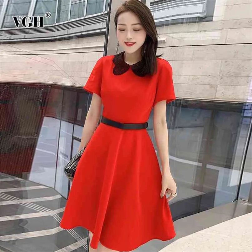 Red Patchwork Lace Elegant Dress For Women O Neck Short Sleeve High Waist Sashes Slim Midi Dresses Female Fashion Style 210531