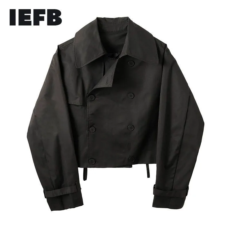 IEFB / Mäns Slitage Dubbelbröst Kort Stil Jackor Personlig Lös Droppe Shoulder Långärmad Stor Storlek Coat Höst Y4047 210524