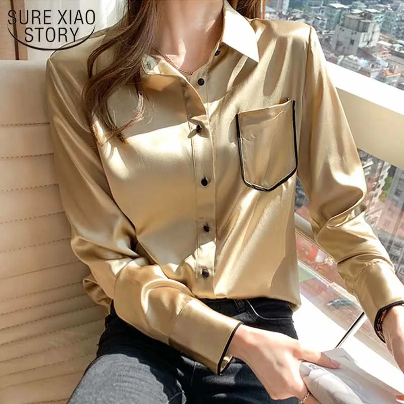 Корейский винтажный мода шифон карманные топы женские элегантные атласные шелковые рубашки с длинным рукавом профессиональная блузка женщины 12804 210415