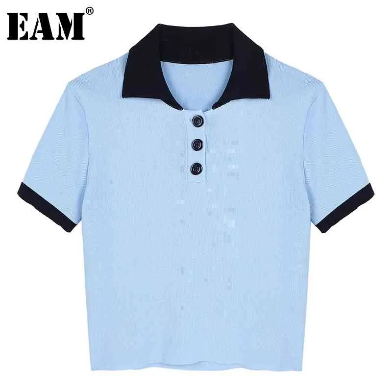 [EAM] Camiseta informal corta de talla grande de punto azul para mujer, camiseta de manga corta con cuello Polo, moda Primavera Verano 1DD726001 210512