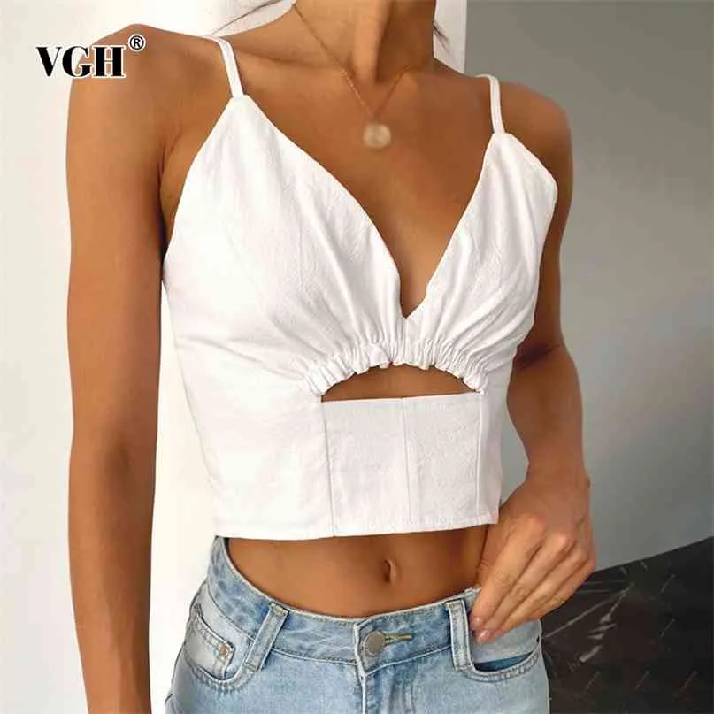 White Secy Hollow Out Vests For Women V Neck Sleeveless Casual Solid Ruched Slim Camis Female Summer Fashion Clothing 210531