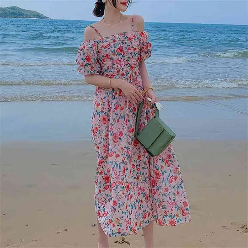 Summer Women Fashion Floral Print Spaghetti Strap Szyfonowa Sukienka Sexy Off Ramię Beach Boho Długie 210519