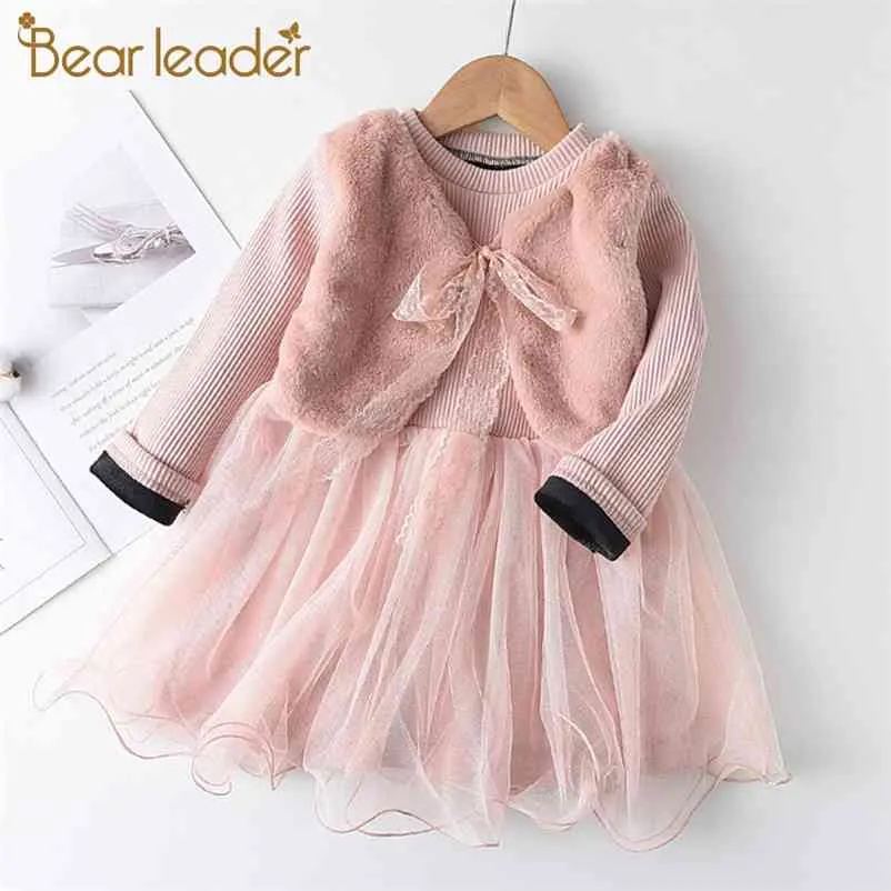 Girls Winter Dress Fashion Princess Siatki Sukienki Dzieci Jesień Fur Kamizelka Odzież Baby Cute Vestidos 2 7 lat 210429