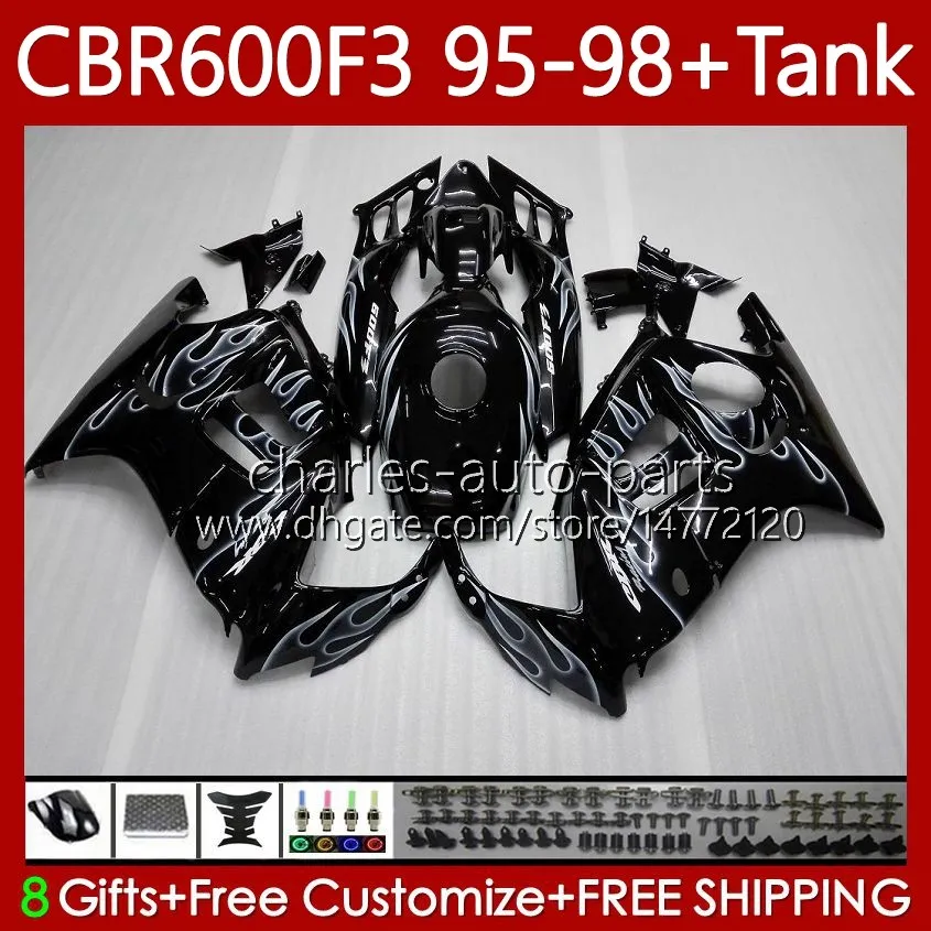 Body + Tank for Honda CBR 600F3 600 F3 CC 600FS 97 98 95 96 هيكل السيارة 64NO.122 CBR600 FS CBR600F3 CBR600FS 1997 1998 1995 1996 CBR600-F3 600CC 95-98 Fairings Kit Gray Flames