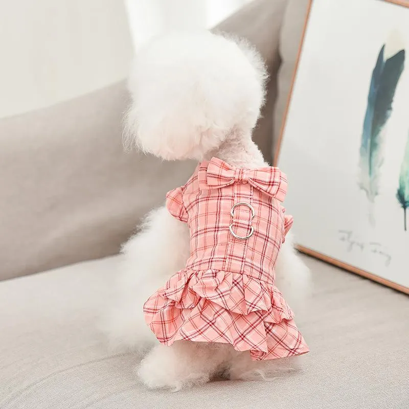 Vestido de cachorro Pet Pure Cotton Dressos Rosa Chaqueli Lattice Saias coreanas com coleira para pequenas roupas de moda Yorkshire ClothingDog